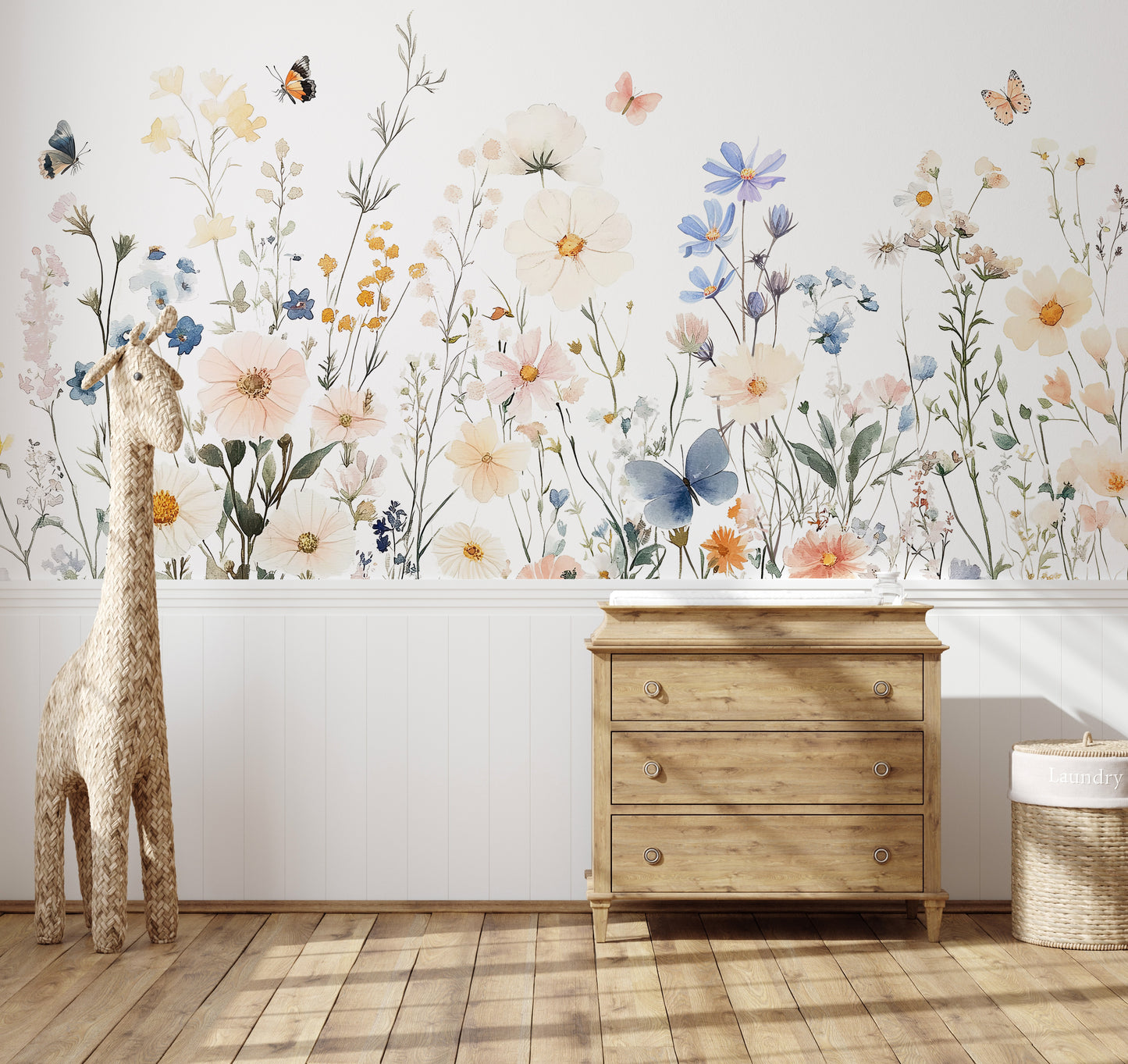 Kelebekli Kır Çiçekleri Çocuk Odası Duvar Kağıdı