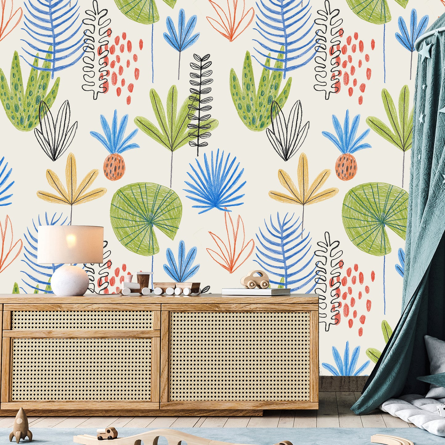 Sketch Leaves Kids Room Wallpaper