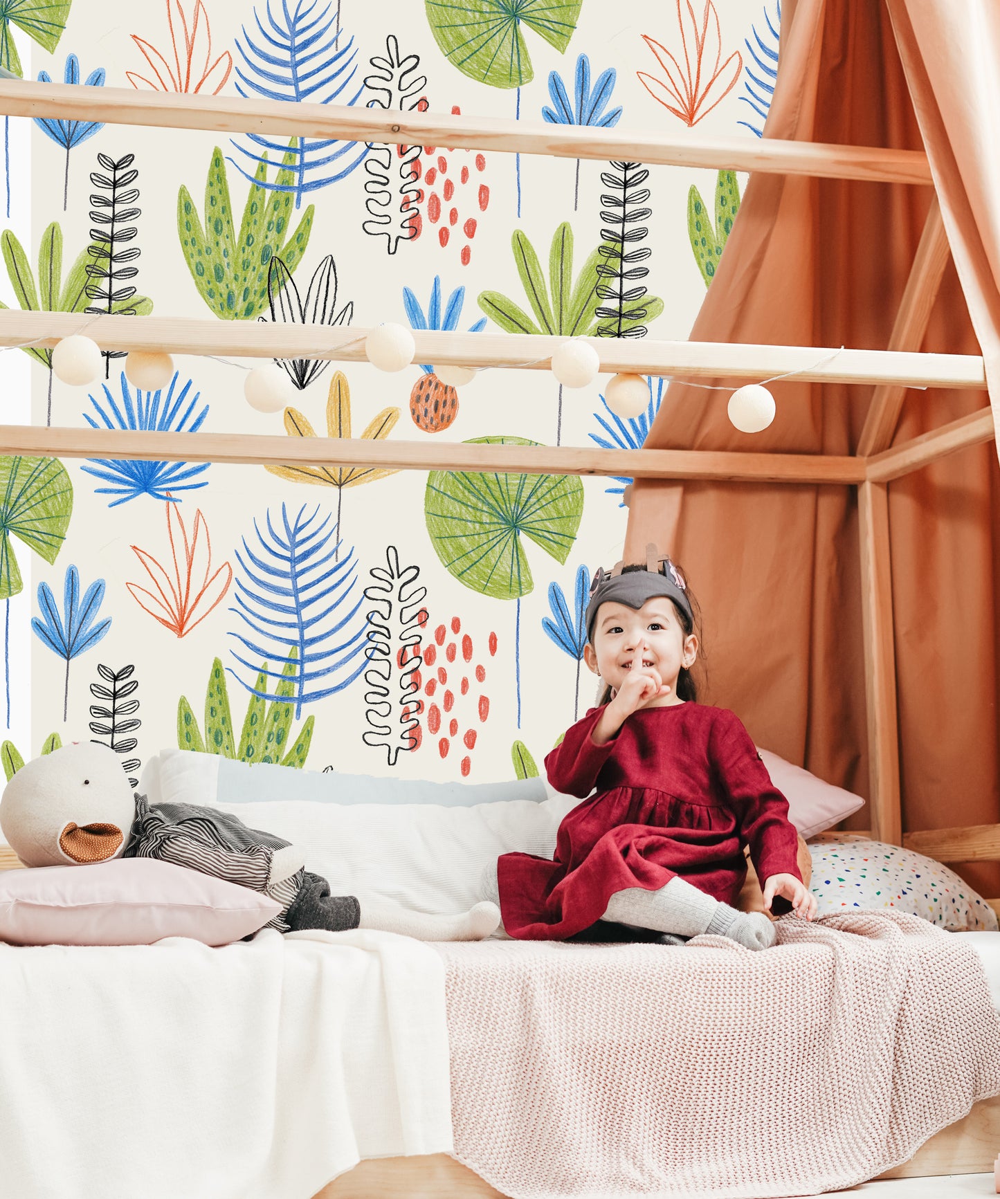 Sketch Leaves Kids Room Wallpaper