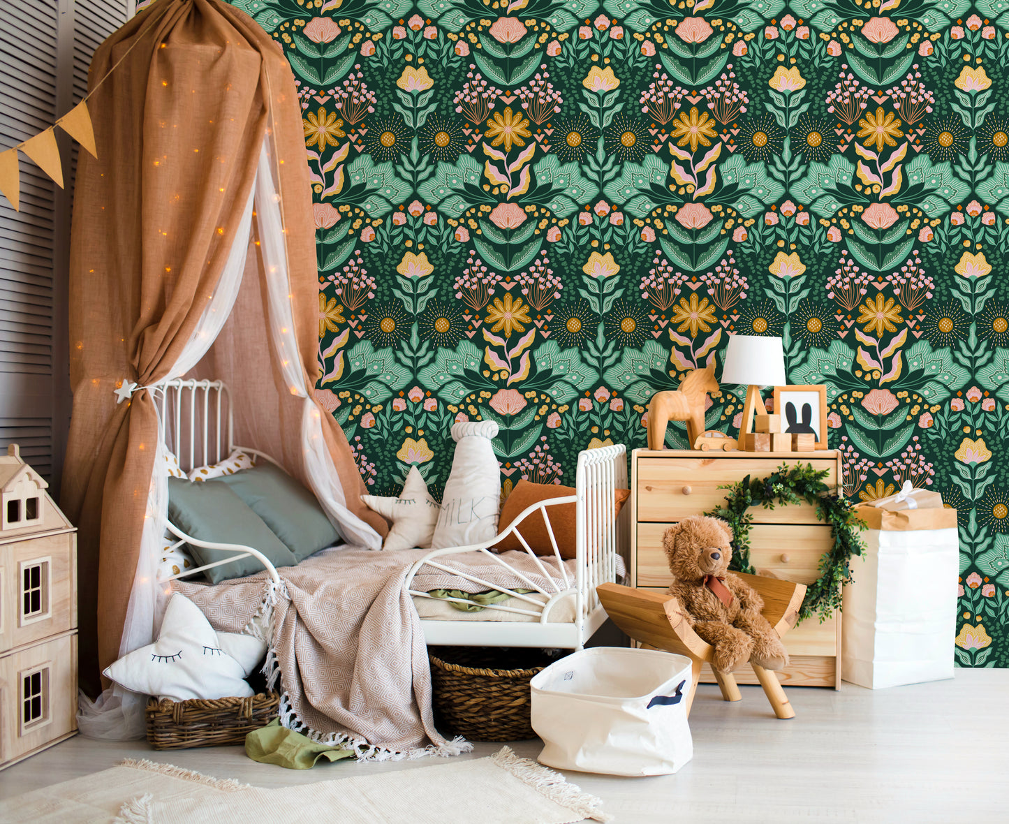 Boho Çiçekler Çocuk Odası Duvar Kağıdı Desen 3