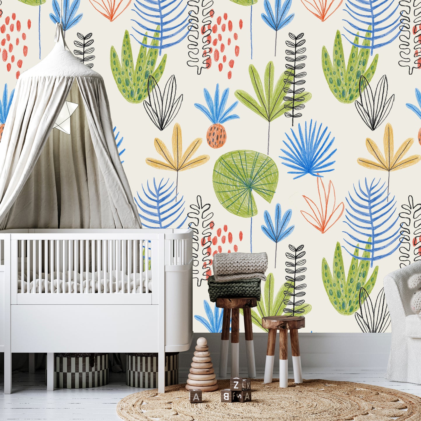 Sketch Leaves Kids Room Wallpaper