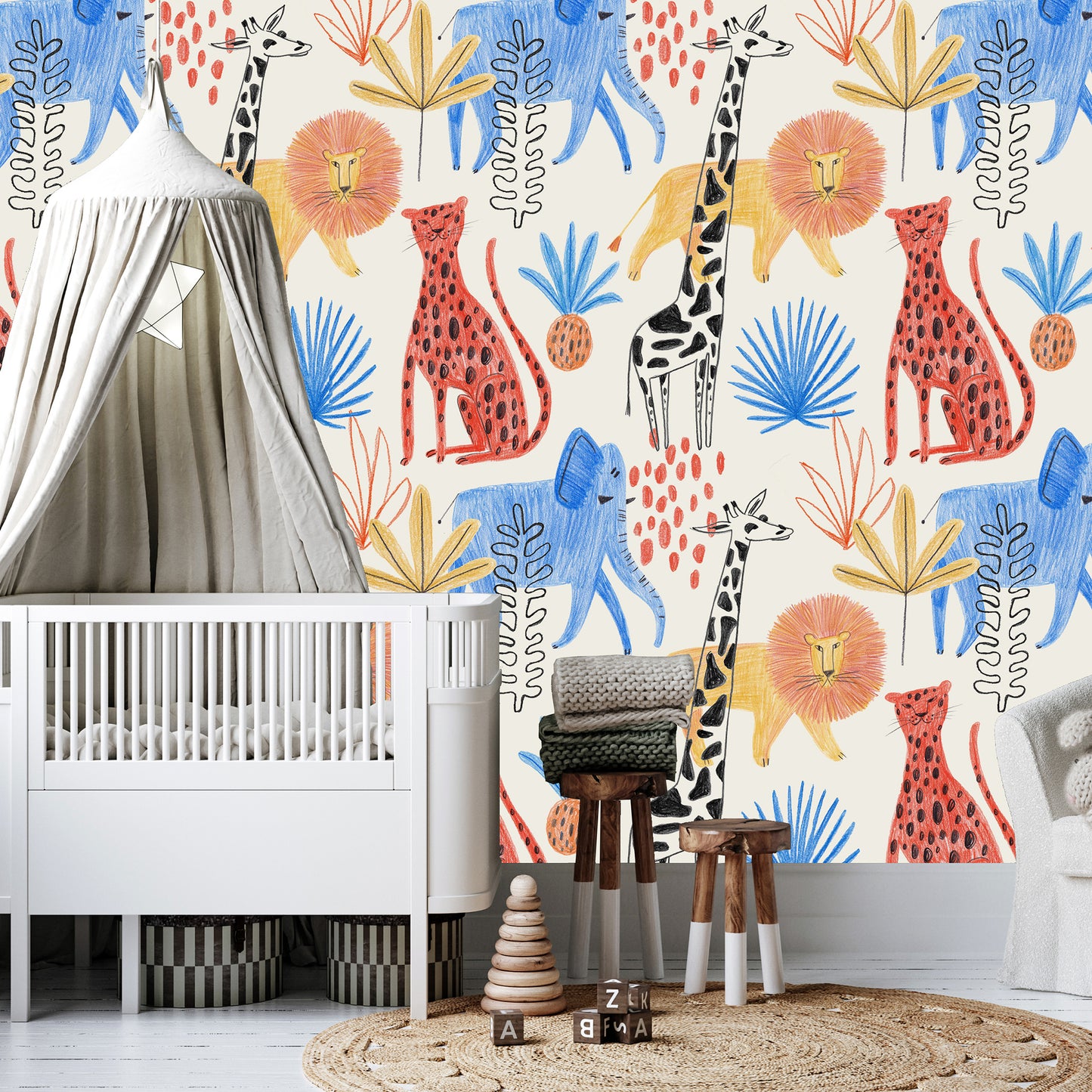 Colorful Sketch Safari Kids Room Wallpaper