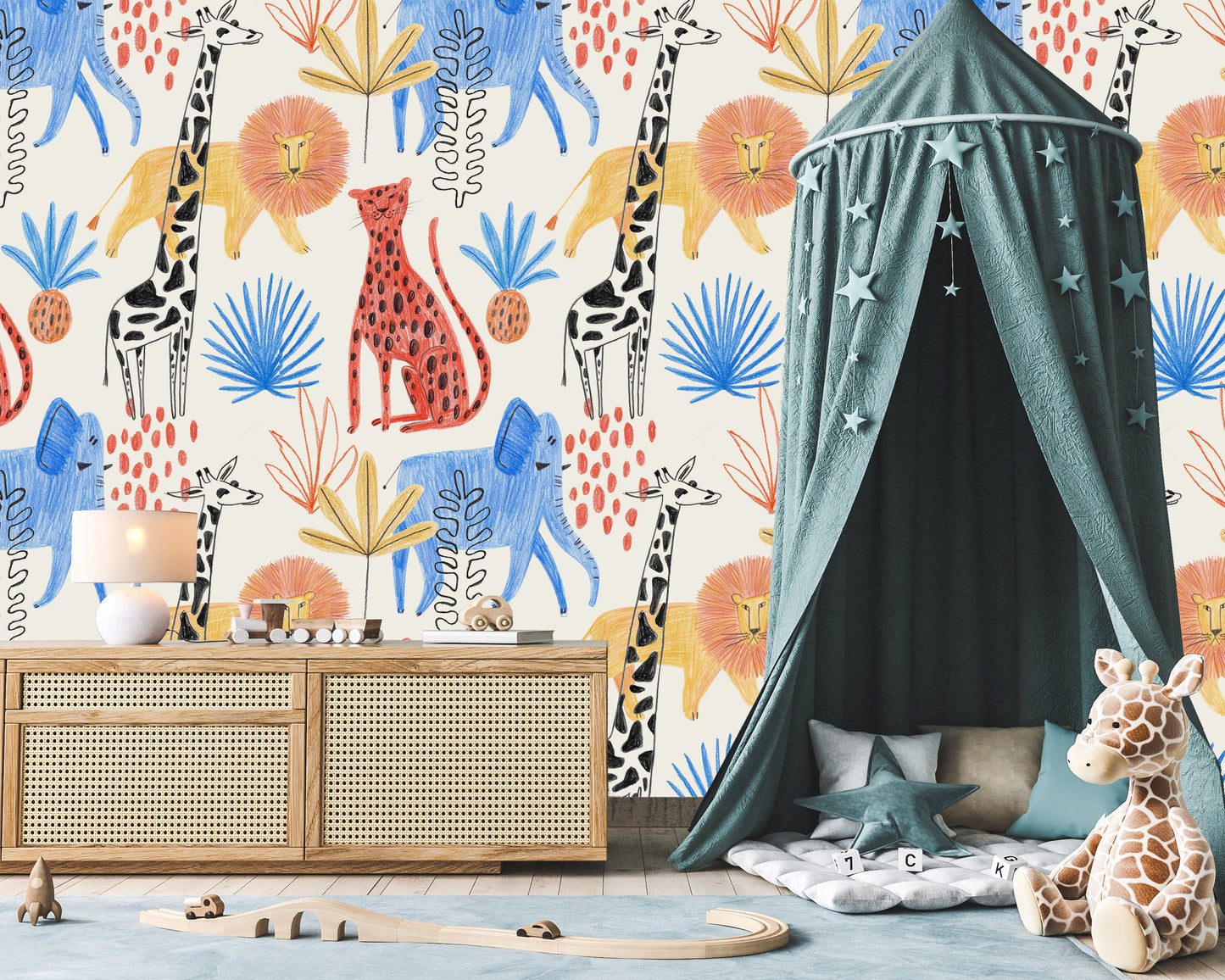 Colorful Sketch Safari Kids Room Wallpaper