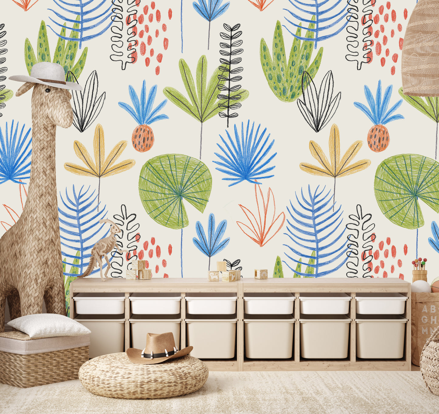 Sketch Leaves Kids Room Wallpaper