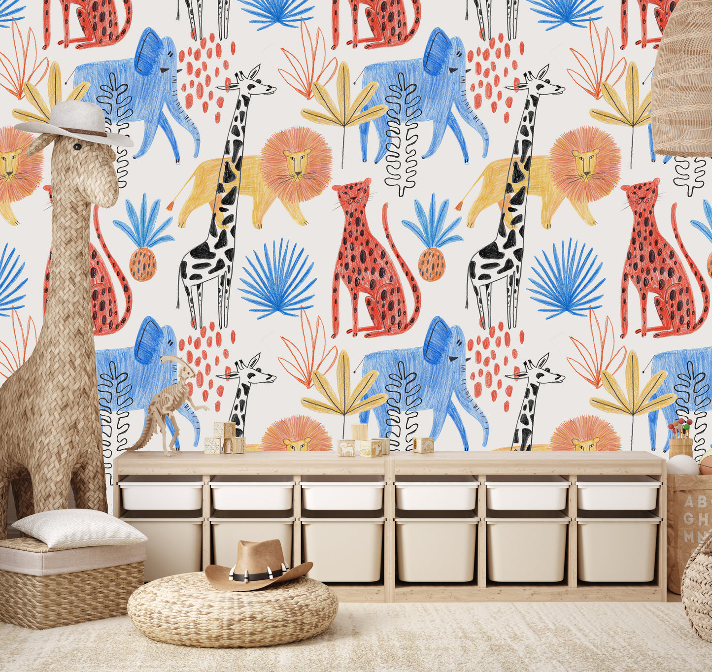 Colorful Sketch Safari Kids Room Wallpaper