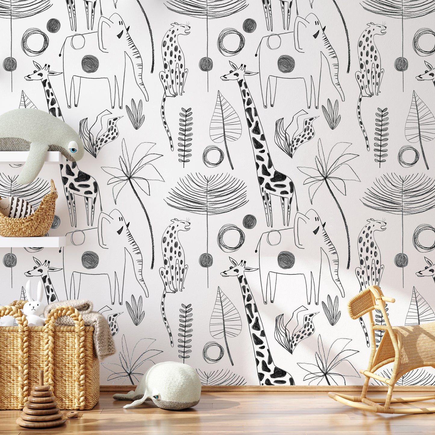 Sketch Safari Black and White Kids Room Wallpaper