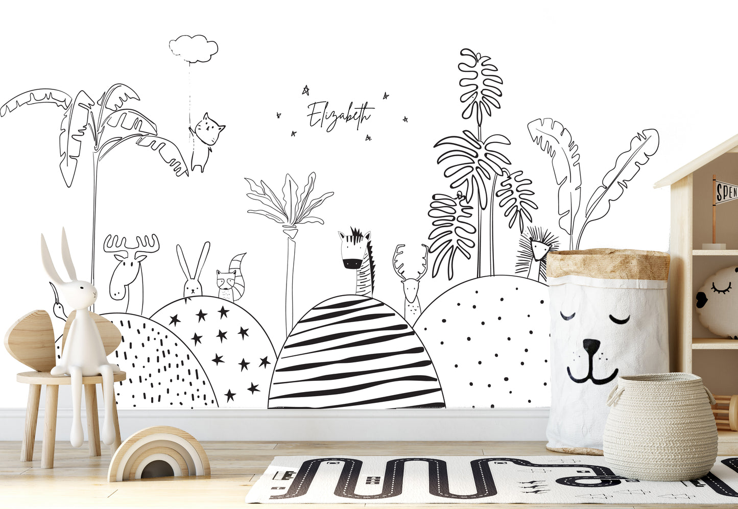 Black and White Animals Kids Room Wallpaper