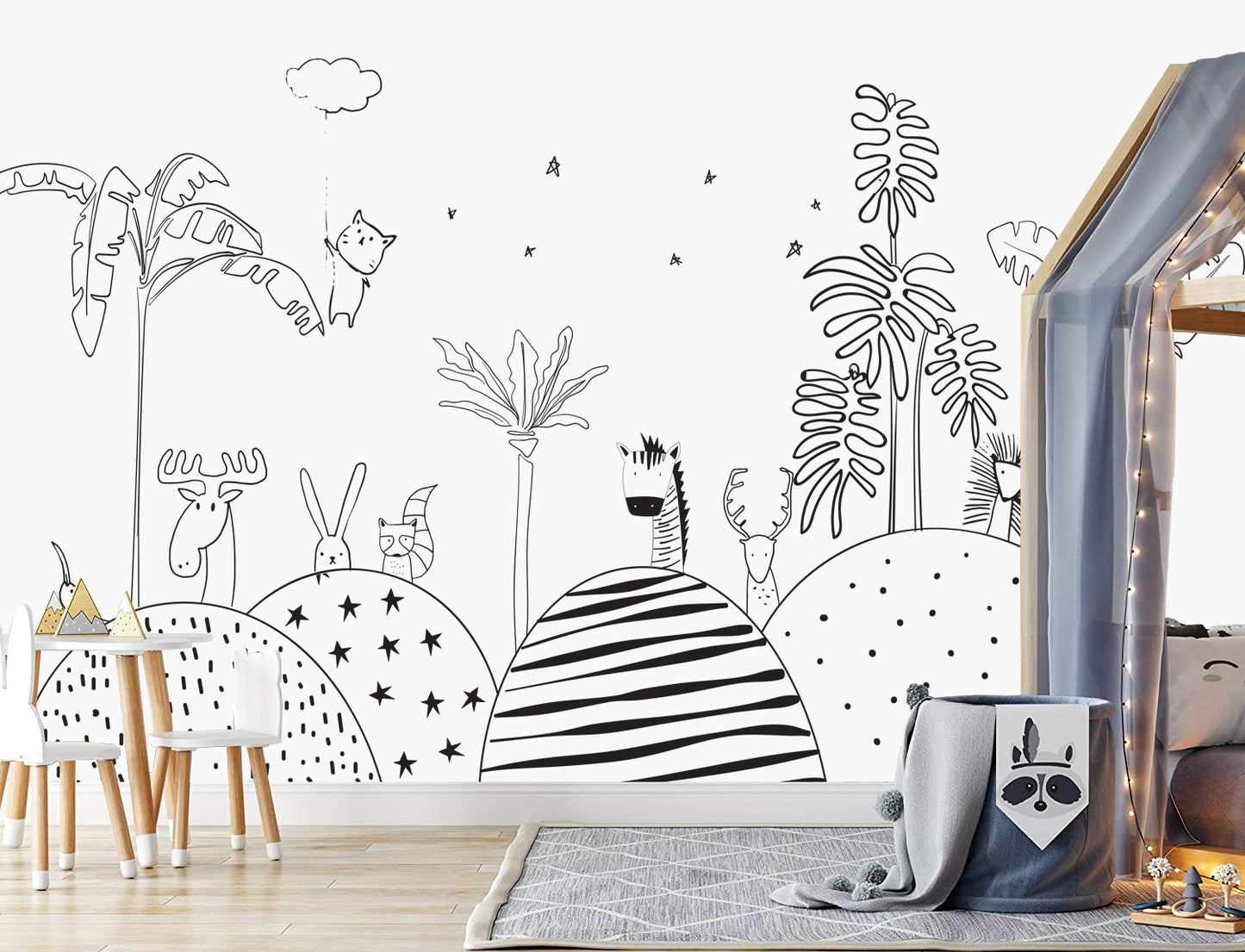 Black and White Animals Kids Room Wallpaper