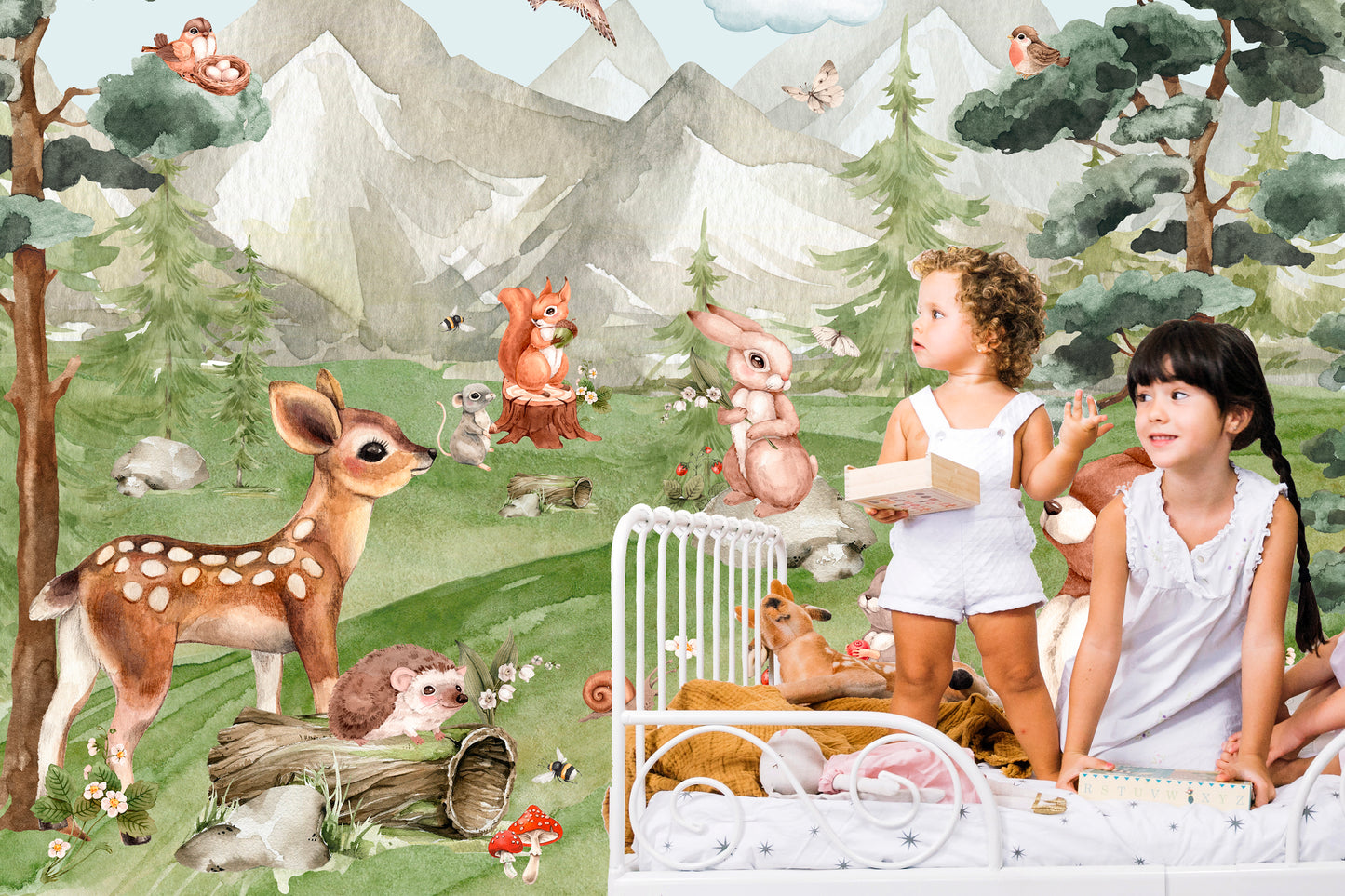 Watercolor Forest Animals Kids Room Wallpaper