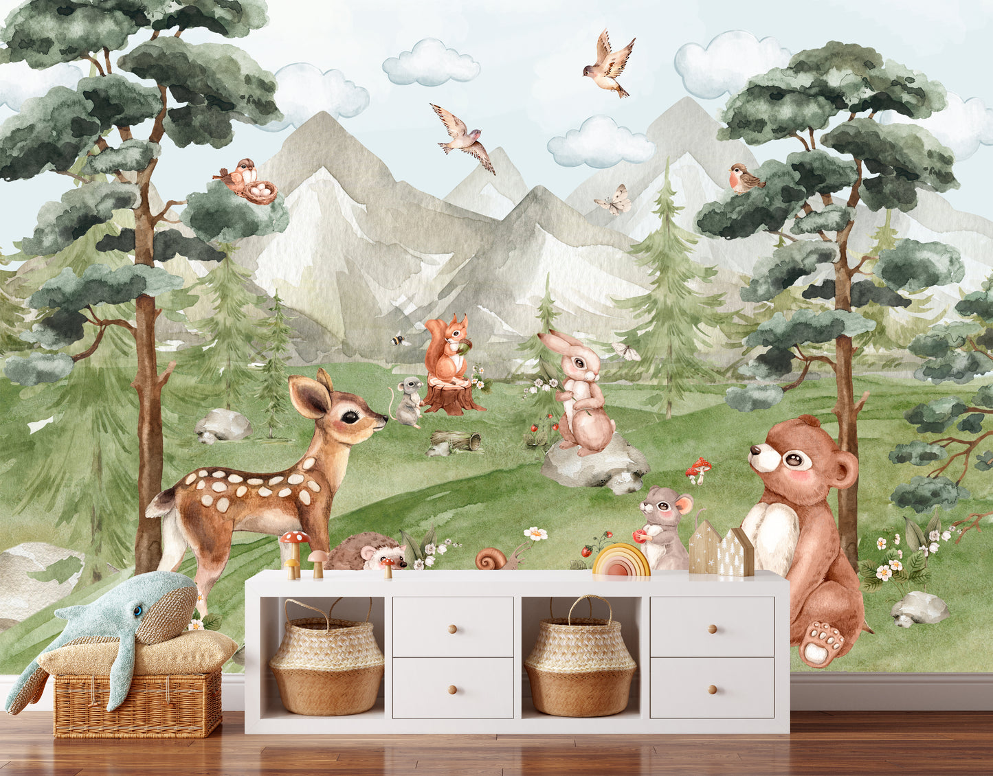 Watercolor Forest Animals Kids Room Wallpaper
