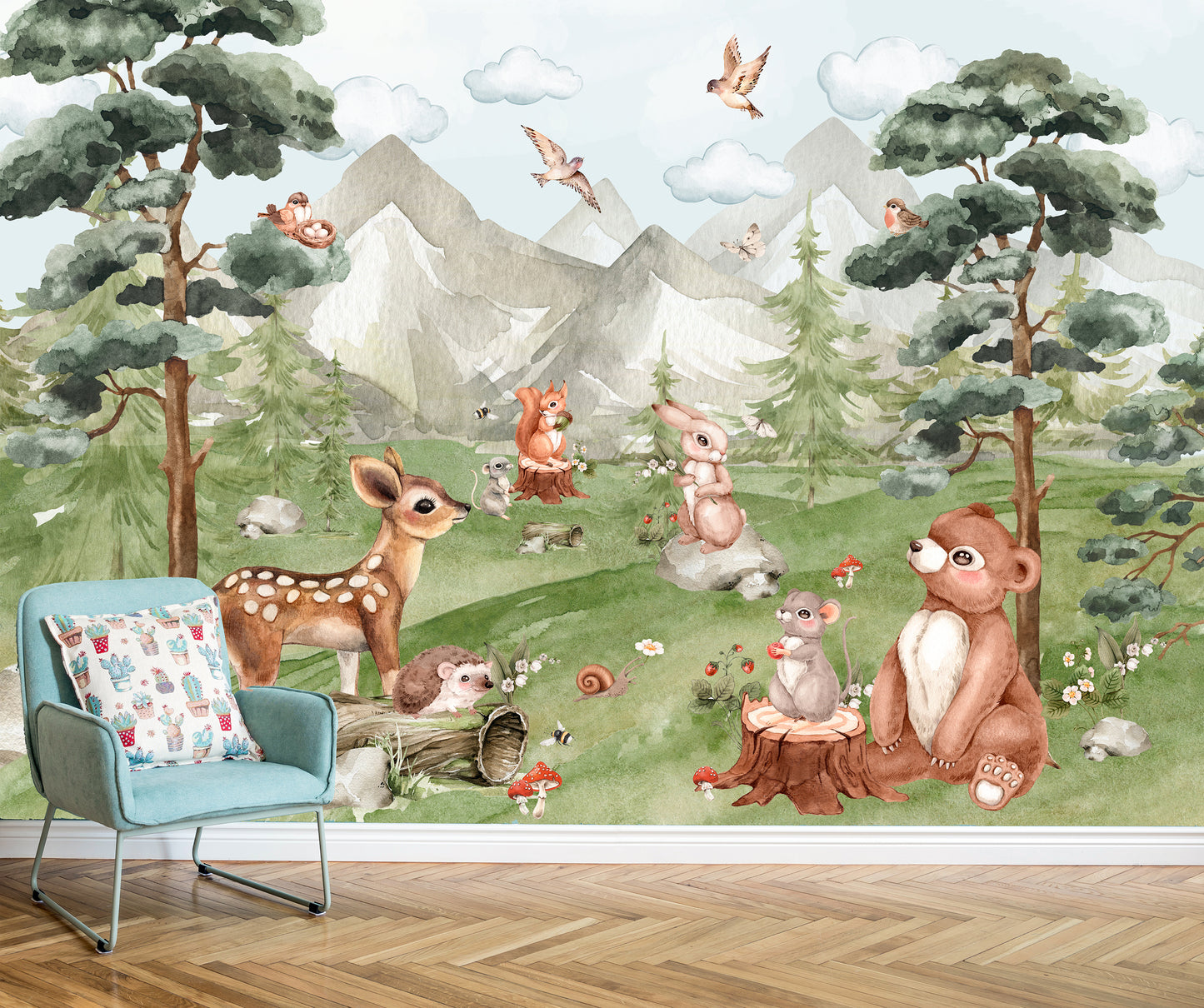 Watercolor Forest Animals Kids Room Wallpaper
