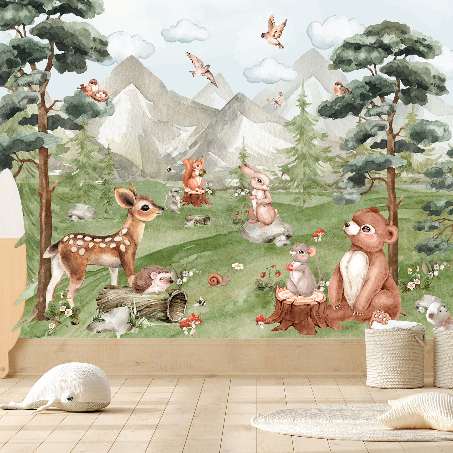 Watercolor Forest Animals Kids Room Wallpaper