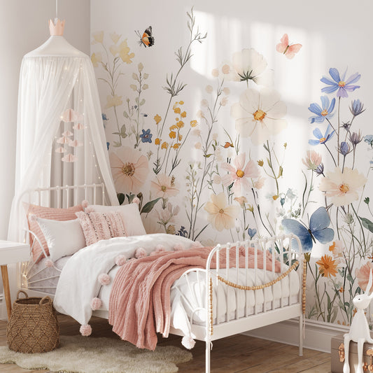 Kelebekli Kır Çiçekleri Çocuk Odası Duvar Kağıdı