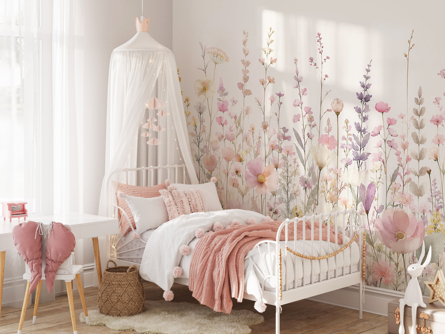 Pink Wildflowers Kids Room Wallpaper