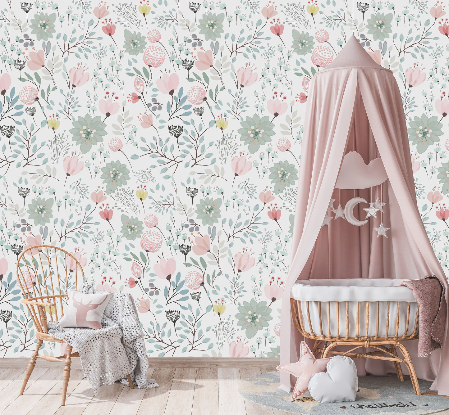 Watercolour Soft Flowers Kids Room Wallpaper