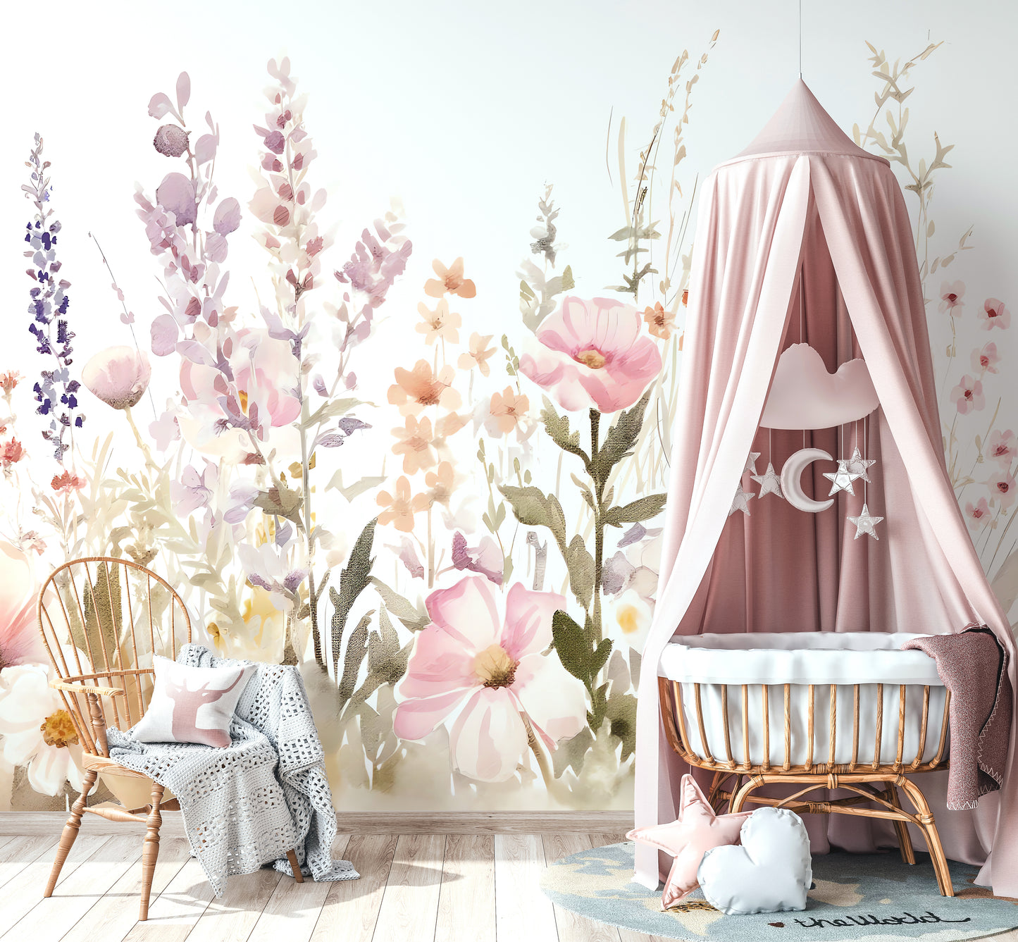 Pink Wildflowers Kids Room Wallpaper