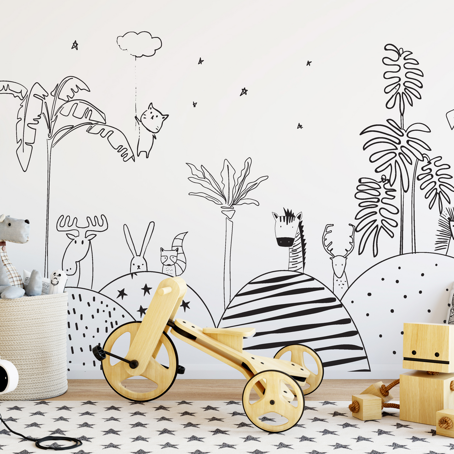 Black and White Animals Kids Room Wallpaper