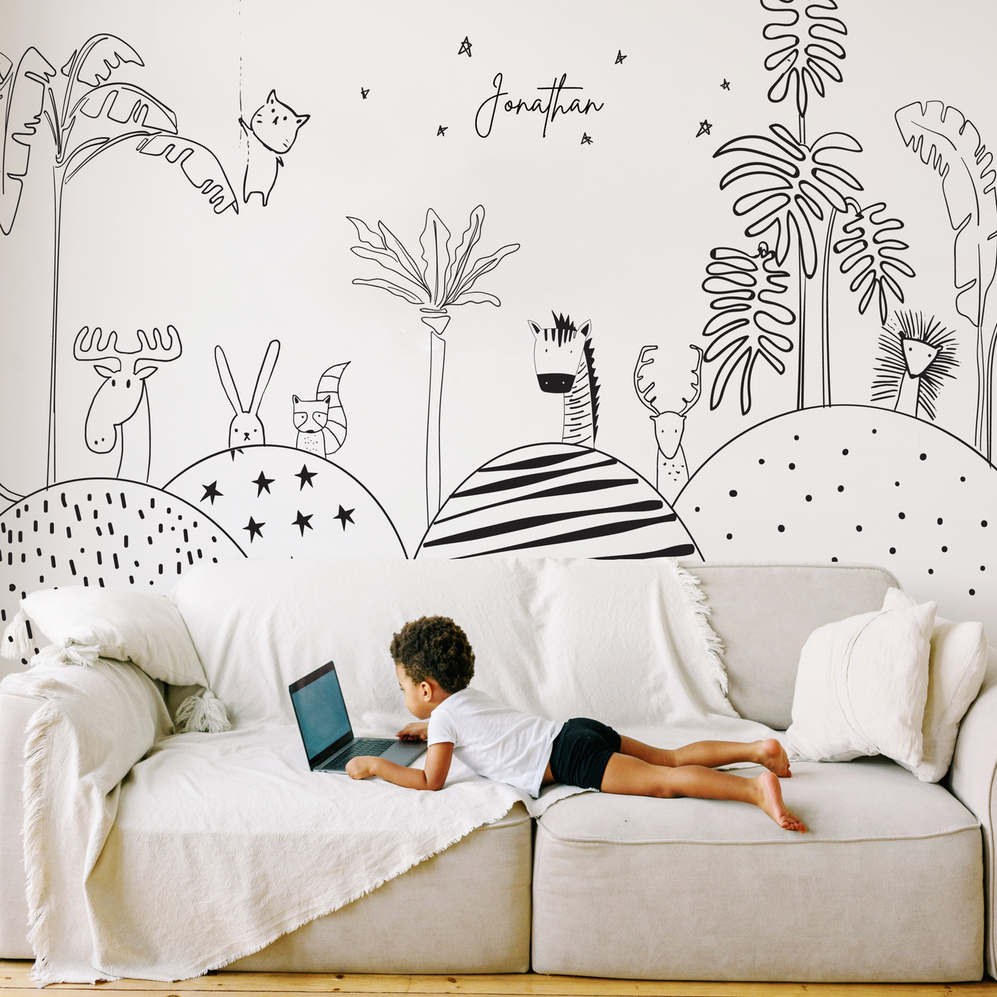 Black and White Animals Kids Room Wallpaper