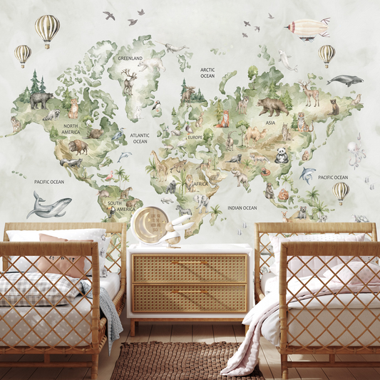 Sulu Boya Dünya Haritası Çocuk Odası Duvar Kağıdı