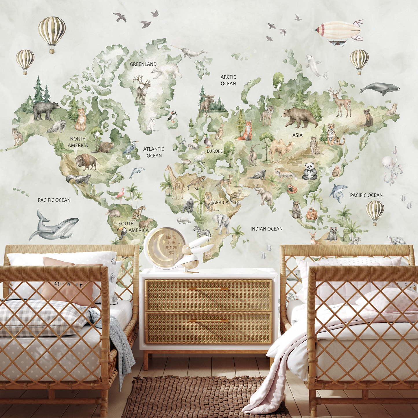 Watercolor World Map Kids Room Wallpaper