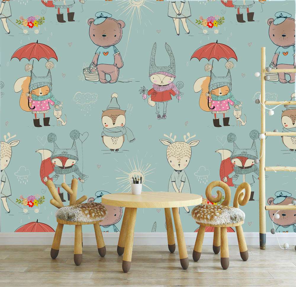 Pastel Forest Animals Wallpaper