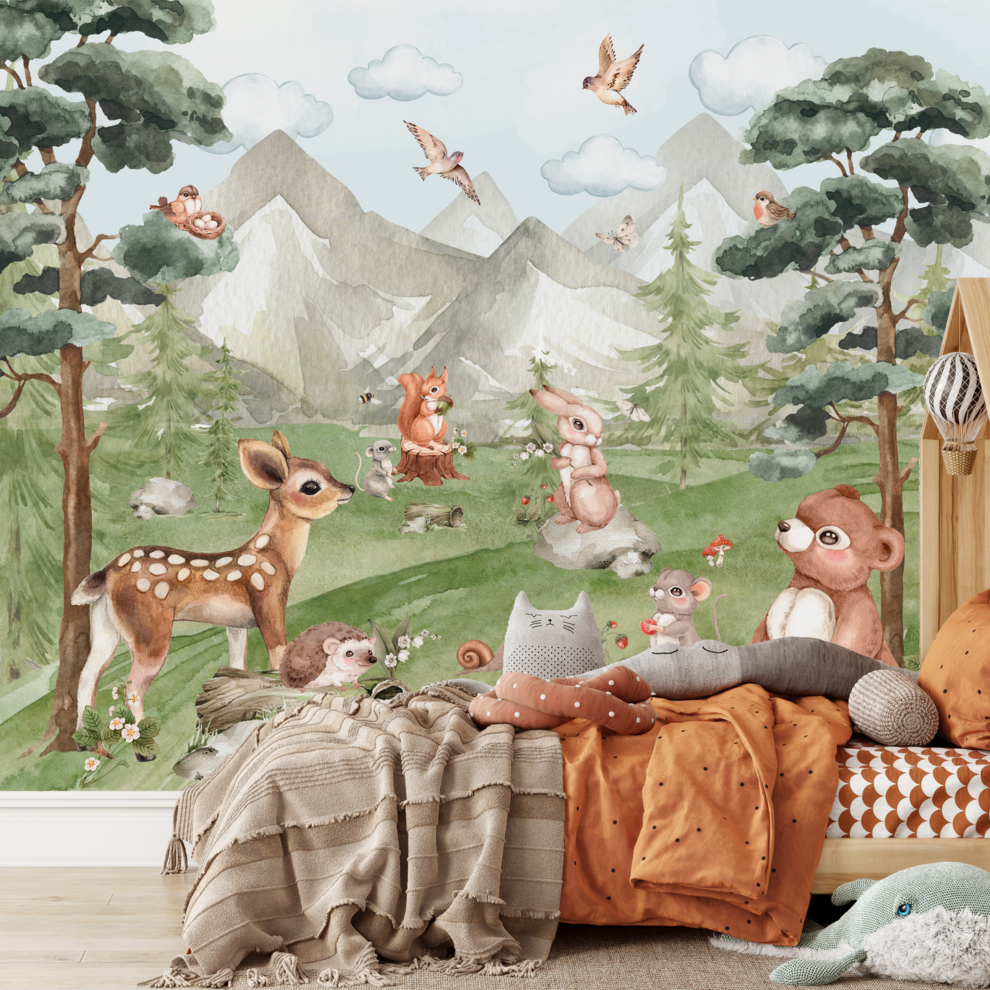 Sulu Boya Orman Hayvanları Çocuk Odası Duvar Kağıdı